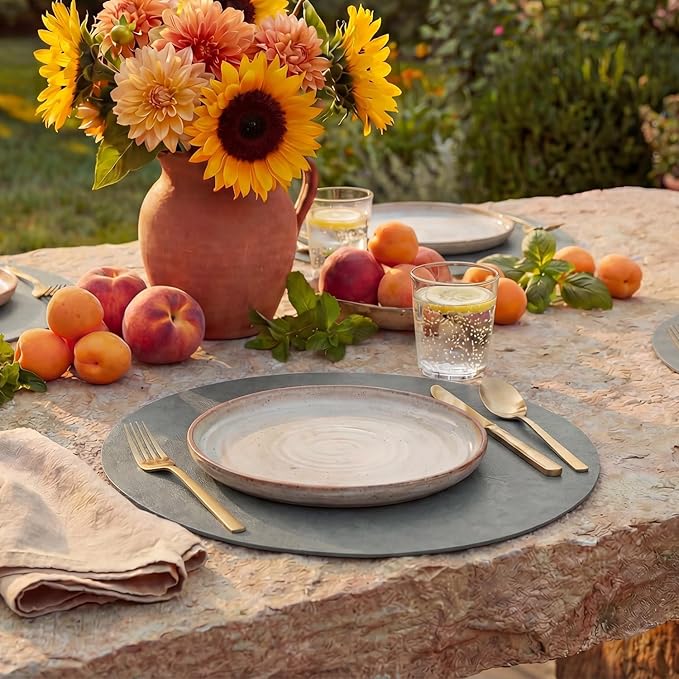 Artoid Mode Grey Faux Leather Placemats Set of 6, 15 Inch Waterproof Wipeable Heat Resistant Place Mats, Reversible Table Mats for Winter Kitchen Dining Decor