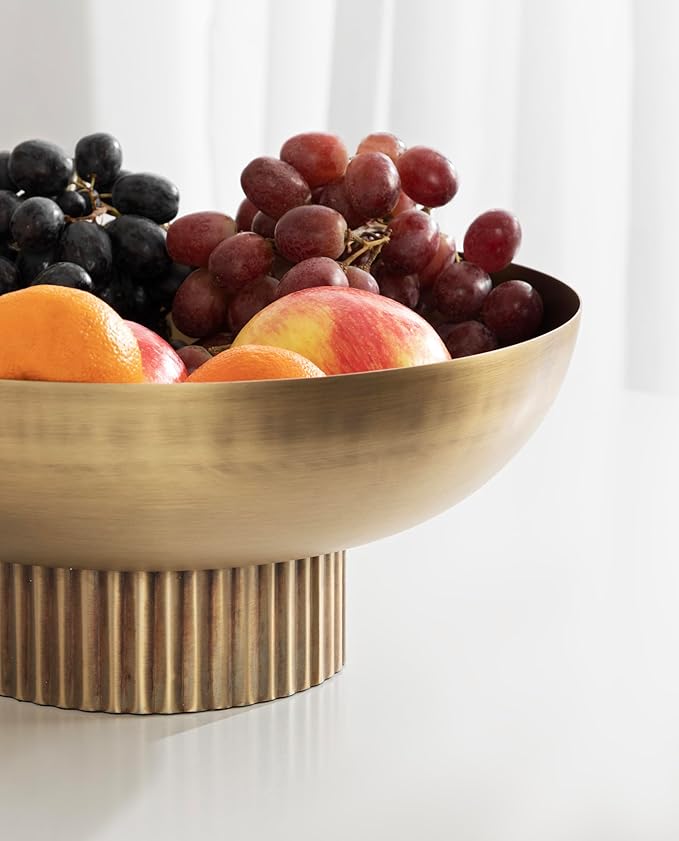 Kate and Laurel Rooks Ribbed Decorative Metal Bowl; 12 Inch Diameter; Brass; Modern Raised Fruit Bowl for Kitchen Counter or Use as a Key Bowl for an Entryway Table