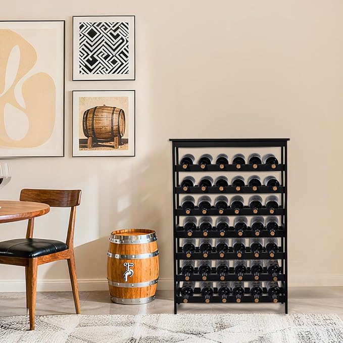 Bamboo Wine Rack Freestanding Floor, 7-Tier 42-Bottle Wine Storage Shelf with Table Top - Black