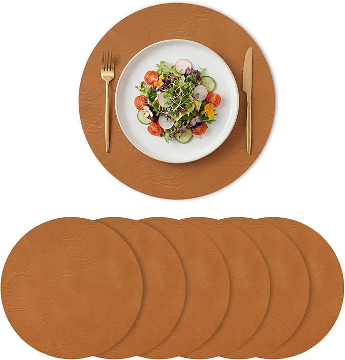 Artoid Mode Rust Faux Leather Placemats Set of 6, 15 Inch Waterproof Wipeable Heat Resistant Place Mats, Reversible Table Mats for Fall Kitchen Dining Decor