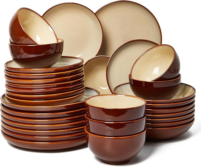 Dinnerware Sets with Double Bowls Service for 8, Brown Yellow