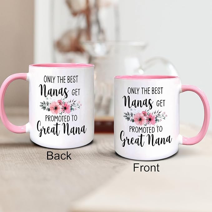 QASHWEY Nana Gifts Coffee Mug, Only the Best Nanas Get Promoted to Great Nana Coffee Cups Ceramic 11oz, NanaBirthday Gifts for Women, Grandma Gifts from Grandchildren Ceramic Tea Cup 11 Ounce(Pink)