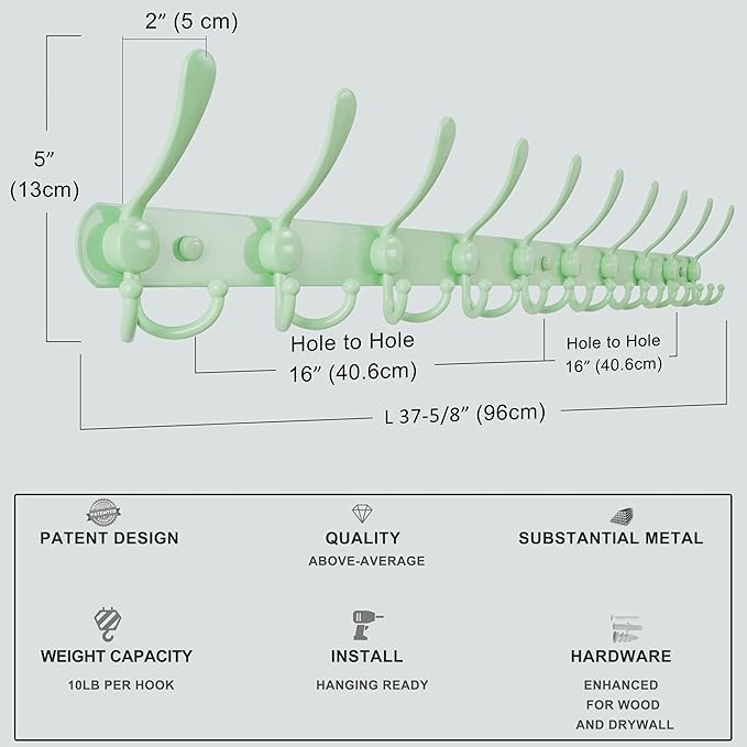 Dseap Coat Rack Wall Mount - 38??Long 10-Tri-Hooks Heavy Duty Coat Hanger Rail Wall Hooks for Hanging Coats Hats Clothing Clothes Purse Mudroom Entryway, Green