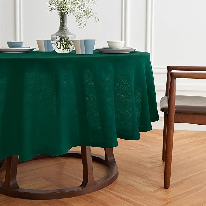Solino Home Linen 60 Inch Round Tablecloth - 100% Pure Linen Green Round Tablecloth - Machine Washable Table Cloth for Winter - Sonoma