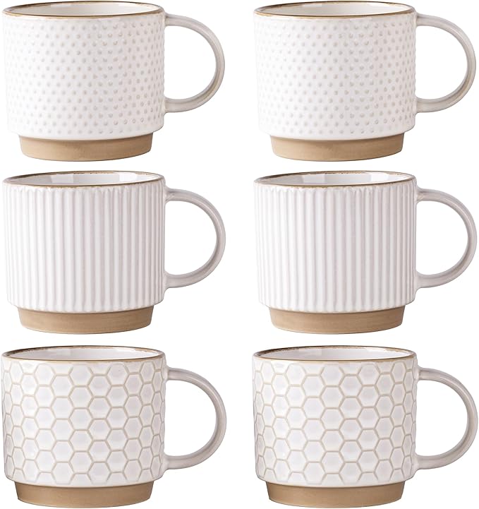 GBhome 12OZ Stackable Coffee Mugs Set of 6, Ceramic Coffee Mugs with Texture Patterns for Man,Woman,Dad,Mom, Modern Coffee Cups for Latte/Cappuccino/Cocoa. Dishwasher&Microwave Safe, Off White