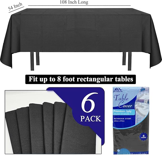[6 Pack] Black Paper Tablecloth Disposable for Rectangle Tables, 54 X 108 Inch Party Table Cover with Plastic Backing, Waterproof 3 Ply Table Cloth for Halloween Graduation Banquet