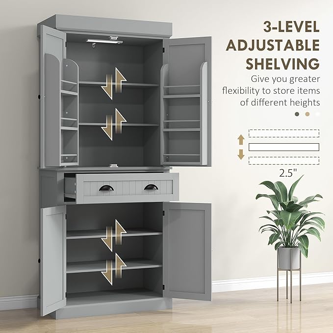 HOMCOM 71" Kitchen Pantry Cabinet with LED Motion Sensor Light, Tall Storage Cabinet with 6 Door Shelves, Drawer & Adjustable Shelves, for Living & Dining Room, Gray