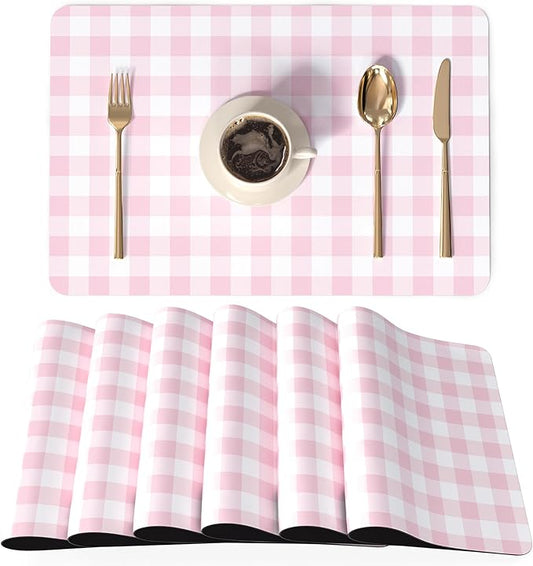QIYI Placemats Set of 6, 12x18 Inch Faux Leather Place Mats for Kitchen Dinning, Heat Resistant Anti Slip Grid Table Mats, Waterproof Wipeable Washable Placemat Party Table D챕cor, Pink Gingham Check