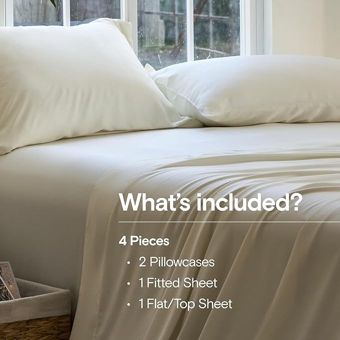 DOZ Sheet Set, 100% Viscose derived from Bamboo, Organically Grown, Buttery Soft, Cooling Sheets, High GSM, Deep Pockets - 4 Piece - 2 Pillowcases 1 Fitted 1 Top Sheet (Ivory, Cal King)