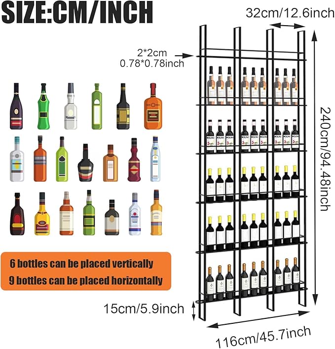 3 Columns Wine Rack Wall Mounted, 94.48in High Metal Wine Bottle Holder, Floor to Ceiling Wine Storage竊똗se as One or Three, DIY Display, for Restaurant, Bar, Cellar (Black, 3 Columns)