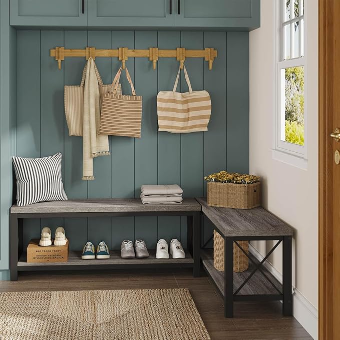 BON AUGURE Entryway Bench with Shoe Storage, 47" Modern Industrial Wood & Metal Hallway Bench for Mudroom, Living Room in Dark Grey Oak