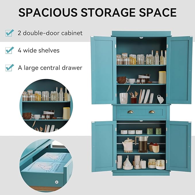 72" Kitchen Pantry Storage Cabinet, Freestanding Cupboard with 2 Cabinets, Drawer and Adjustable Shelves, Tall Storage Cabinet for Kitchen, Dinning Room, Living Room (Lake Blue)