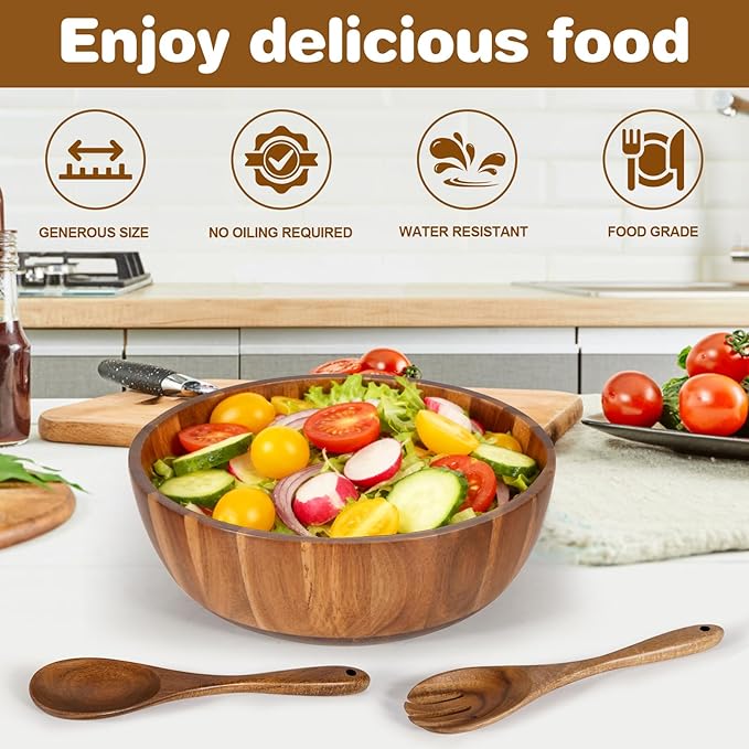 Wooden Salad Bowl Set 11.8 Inch ??Acacia Large Wood Salad Bowl with Wooden Serving Utensils, Big Salad Bowls for Fruits, Food Serving & Hosting Family Gatherings