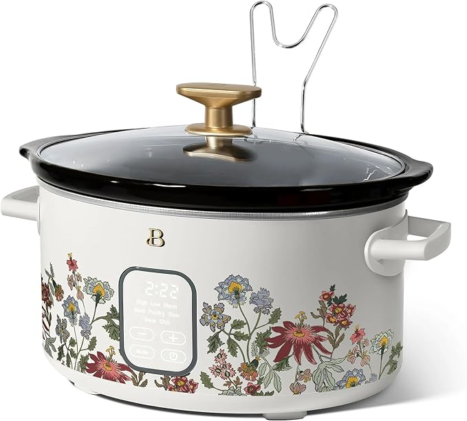 Beautiful 6 Quart Programmable Slow Cooker, 5 Cooking Presets, Digital Countdown Timer, Dishwasher Safe Parts by Drew Barrymore (Wildflower White Icing)