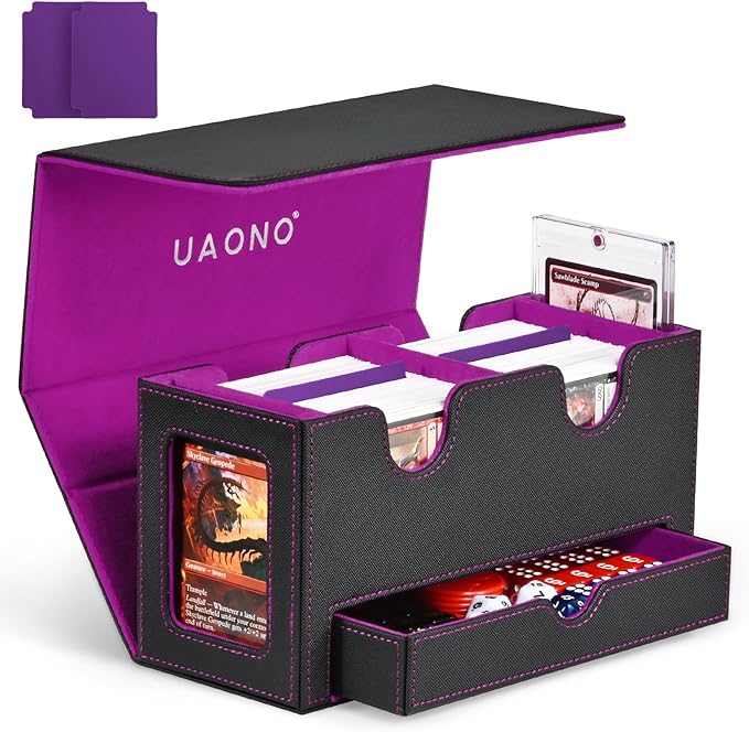 Card Deck Box for MTG, Double Card Storage Box with 2 Commander Display & 1 Dice Tray, Fits 200+ Double Sleeved Cards, Organizer for CCG TCG Sports Cards (Black Purple)