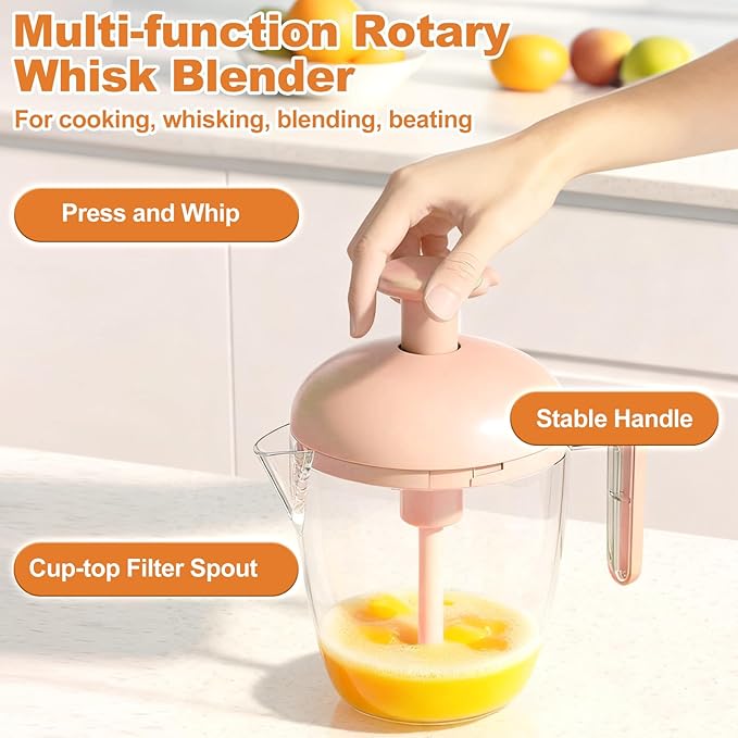 Manual Egg Mixer Ergonomic Press the Egg Beater Cup, Multi-function Blender with Built-in Foam Filter for Beating Eggs, Whipping Cream (Pink)