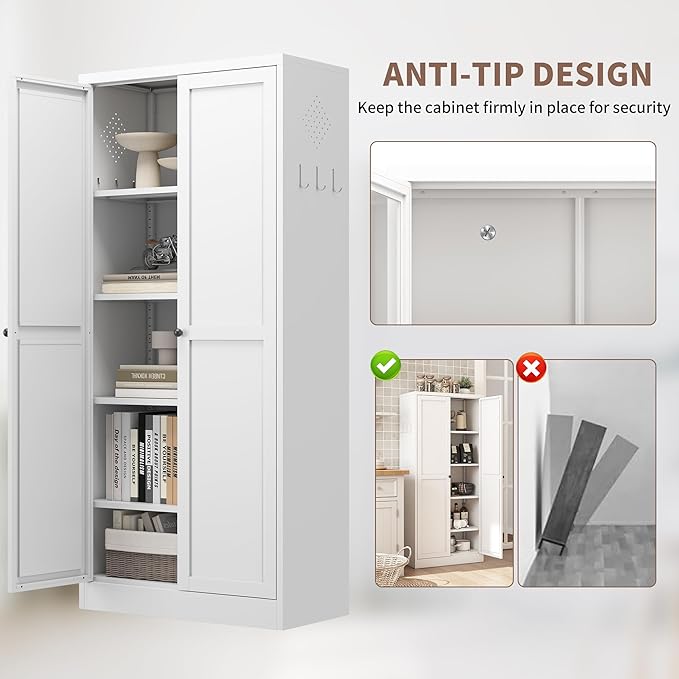 Kitchen Pantry Storage Cabinets with 4 Adjustable Shelves, 61" Tall Kitchen Cupboard Metal Food Pantry Cabinet for Kitchen, Dining Room, Living Room and Bathroom, Assembly Required(White)