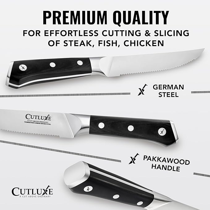 Cutluxe Steak Knives Set of 4, Serrated Steak Knives ??Forged High Carbon German Steel, Full Tang, Ergonomic Handle Design ??Artisan Series
