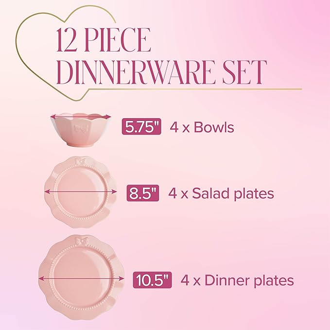 Paris Hilton 12-Piece Dinnerware Set, Embossed Bow Design, Iconic Ceramic Stoneware Service for 4 with Dinner Plates, Salad Plates, and Bowls, Microwave & Dishwasher Safe, Pink