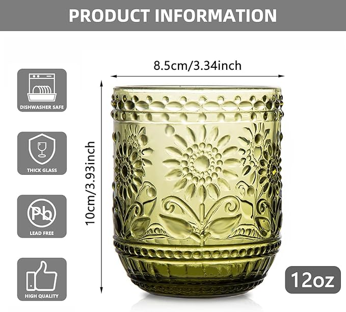 Luminthra Elegant Vintage Crystal Glassware Set, Embossed Floral Drinkware, 12oz Green and Multi-Color Glass Cups for Wine, Cocktails, and Beverages (Green)