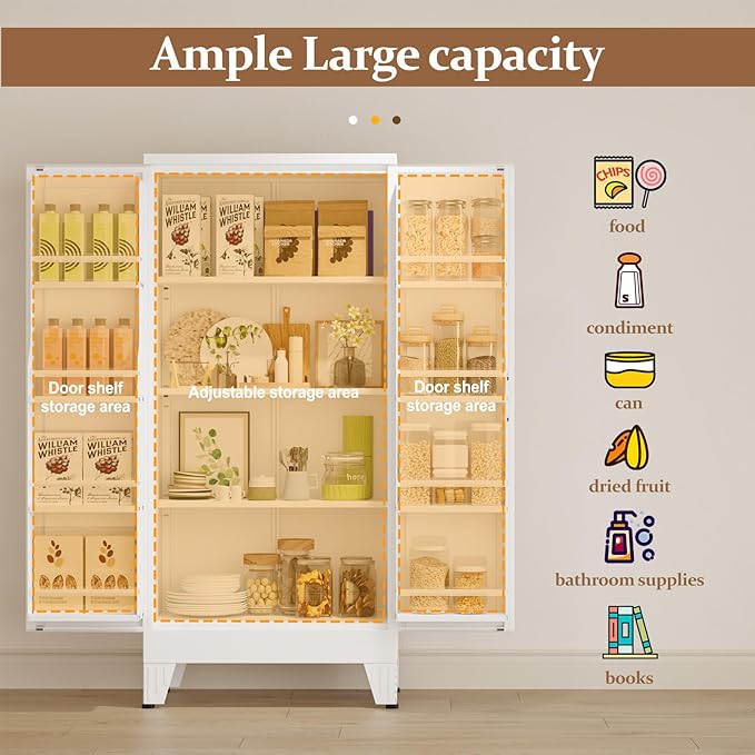 Metal Kitchen Pantry Cabinet, Storage Cabinets with 2 Door and 3 Adjustable Shelves, White Freestanding Food Storage Cabinet, Steel Cupboard for Kitchen Dinning Room