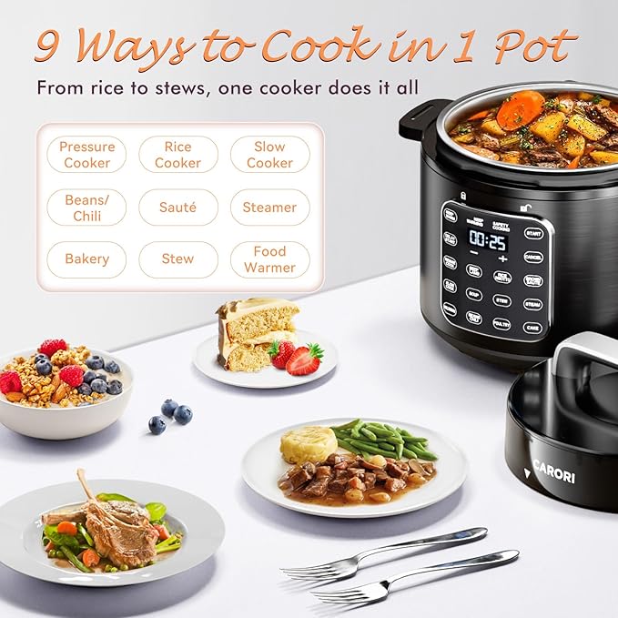9-in-1 Electric Pressure Cooker 6 Quart Black, Stainless Steel Pot, 12 Preset Functions with Touchscreen, Safe Steam Release, Stew, Slow Cook, Rice, Saut챕, Warmer