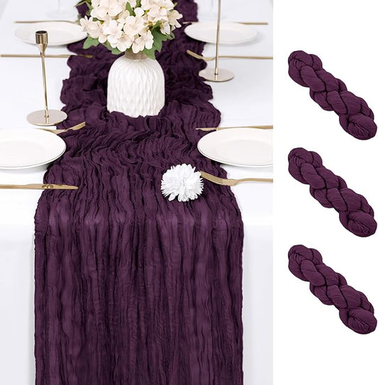 RealBox 3 Pack Dark Purple Cheesecloth Table Runner 17x108 Inch Semi Sheer Boho Gauze Cheese Cloth Fabric Table Runners Table Decor for Wedding Party Baby Shower Birthday Home Decor Garden Farmhouse