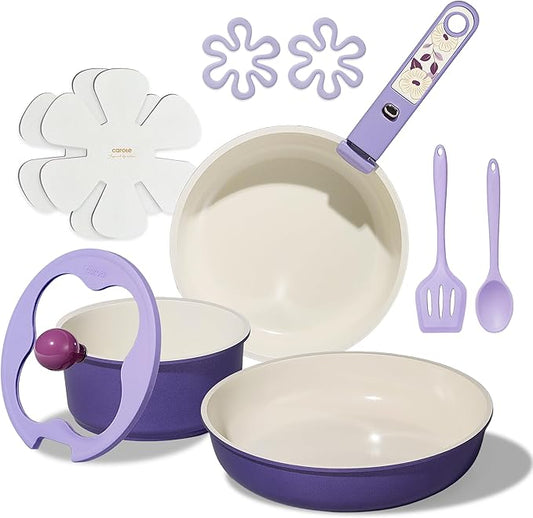 CAROTE 11pcs Ceramic Cookware Set, Pots and Pans Set Non stick, Induction Kitchen Cookware with Removable Handle, Dishwasher & Oven Safe, RV/Camping Cookware, PFAS Free, Purple