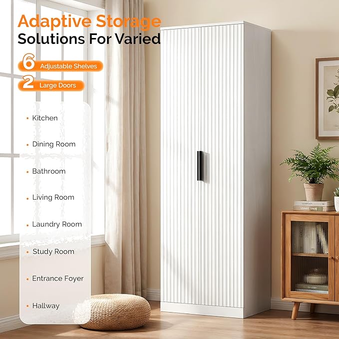 VINGLI 70" Modern Pantry Cabinet with Fluted Doors, 5 Adjustable Shelves, Tall Storage Solution for Kitchen, Dining Room, or Living Room, White