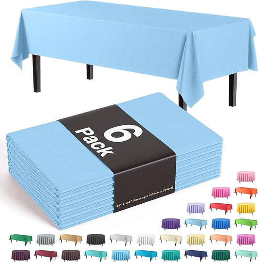 Party Solids 6-Pack Premium Plastic Tablecloth 54in. x 108in. Rectangle Plastic Table Cover - Light Blue
