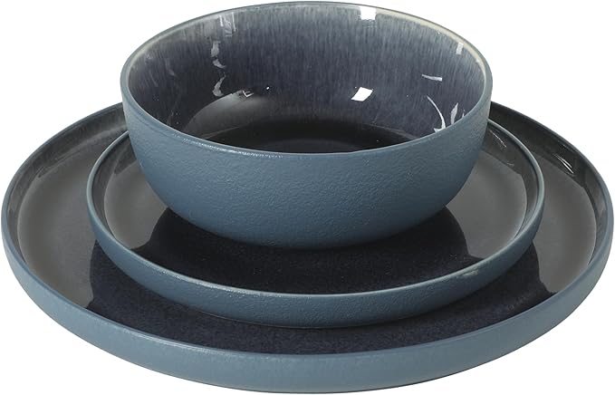 Gibson Elite Tahoe Sunset 12-Piece Reactive Stoneware Dinnerware Set ??Matte Exterior & Shiny Interior Plates and Bowls, Durable Everyday Dish Set, Microwave & Dishwasher Safe - Blue