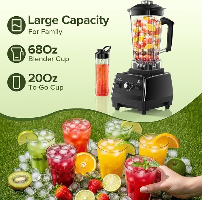Blender for Smoothies, Blenders for Kitchen with 68Oz. Pitcher and 20Oz.Juicer Container, Smoothie Blender for Ice Crushing, Frozen Fruits, Black