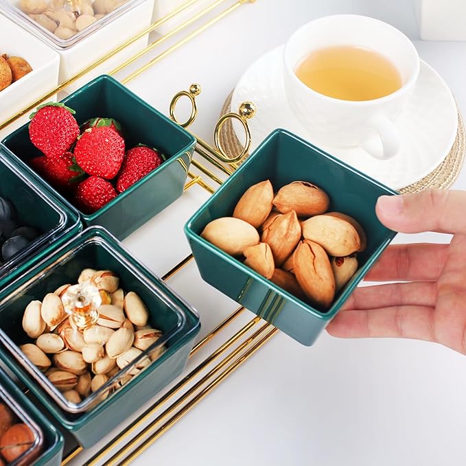 YA JU Ceramic small Snack bowl With Cover Metal Tray, 4 Removable dip bowls are used For Snack, potato chips, fruits, candies, and condiments - Perfect for birthday, parties, Holiday, gift竊똆reen