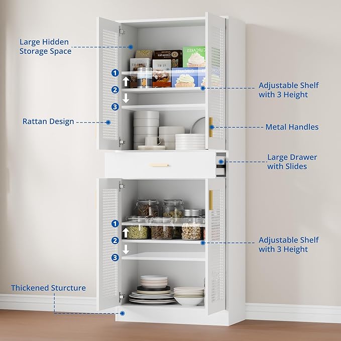 Cozy Castle Kitchen Pantry Cabinet, 71" Tall Rattan Doors Storage Cabinet with Large Drawer and Adjustable Shelves, Freestanding Rattan Pantry Cabinets for Kitchen, Dining Room, Living Room, White