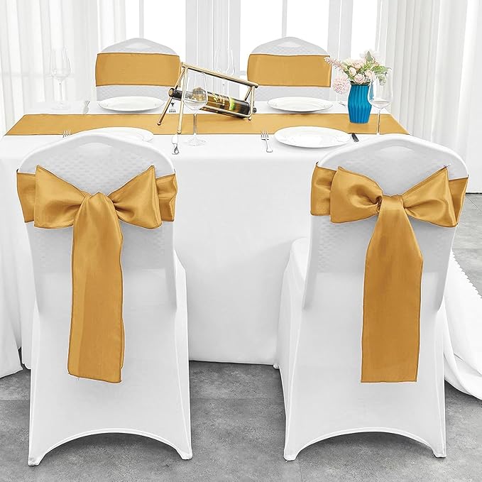 4-Pack Old Gold Satin Table Runner 12 x 108 Inch Long Bright and Smooth Silk Fabric Table Runner for Wedding Banquet Birthday Party Decoration