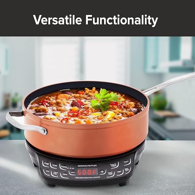 Nuwave Flex Precision Induction Cooktop, 10.25??Shatter-Proof Ceramic Glass, 6.5??Heating Coil, 45 Temps 100째F to 500째F, 4Qt Induction-Ready Healthy Ceramic Non-Stick Everyday Pan with Lid Included