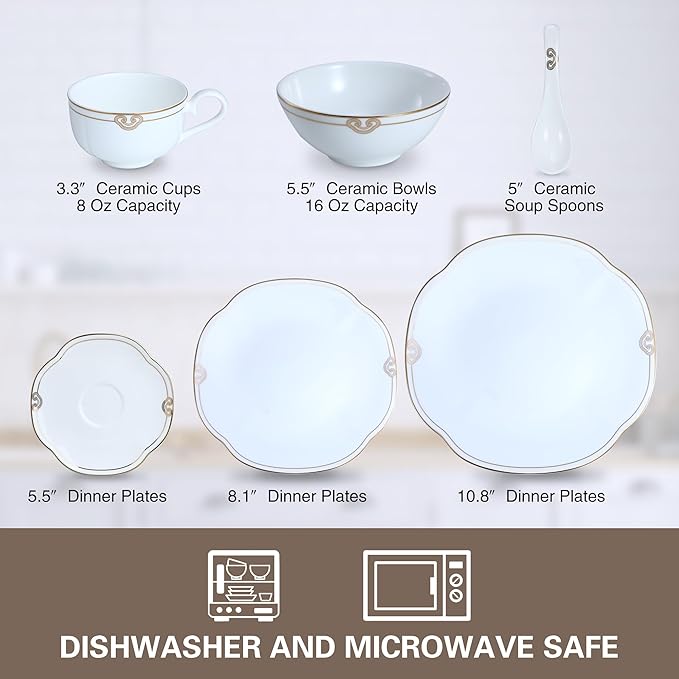 24 Piece White Porcelain Dinnerware,Bone china Set for 4,Plates and Bowls Sets With Double Gold Rim, Highly Chip and Crack Resistant | Dishwasher Safe Dishes Set (White & Double Gold Rim)