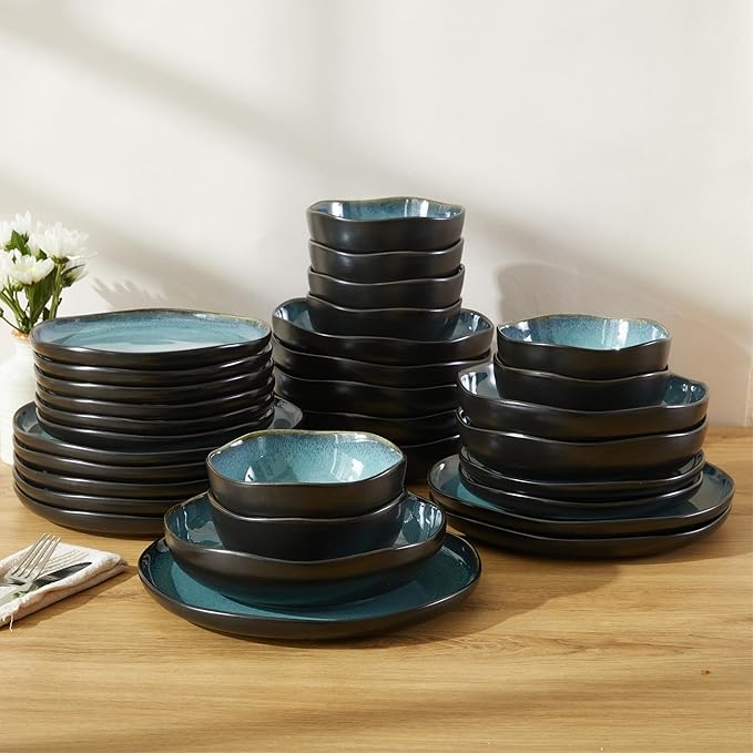 32 Piece Dinnerware Set for 8 with Pasta Bowls, Green Black Reactive Glaze Stoneware | All?멼n?멟ne Host Set for Entertaining, Holiday Meals, Multi?멌ourse Dinners | Unique Irregular Coastal Look