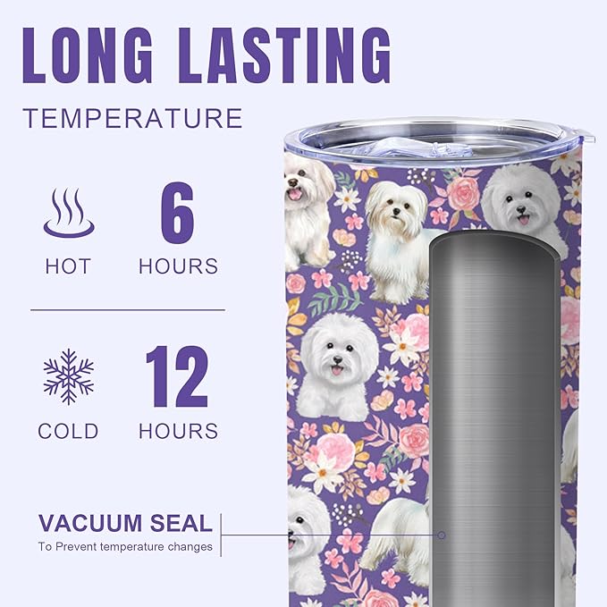 Yogusut Maltese Dog Gifts for Women, 20oz Stainless Steel Insulated Tumbler Travel Mug Cup with Lid Straw Brush, Gifts for Dog Mom Dog Lover