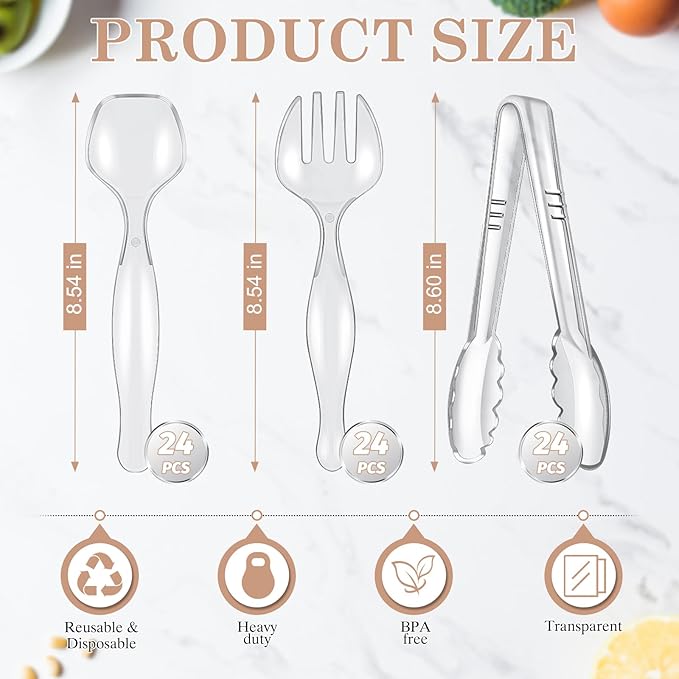 Mwellewm 72Pcs Serving Utensils 9'' Large Plastic Serving Utensils Set Serving Spoons for Buffet Clear Disposable Plastic Tongs Heavy Duty Slotted Spoons/Forks Supplies for Party Food Salad Soup