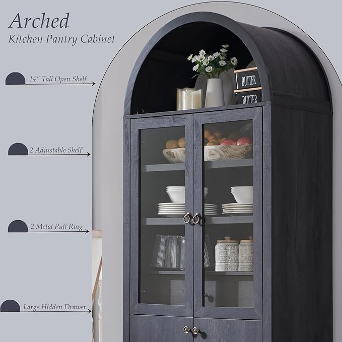 71" Tall Arched Kitchen Pantry Cabinet, Modern Farmhouse Kitchen Storage Cabinets with Open & Adjustable Shelves, Hidden Drawer & Glass Door, Versatile Cupboard for Kitchens, Dining Room, Grey