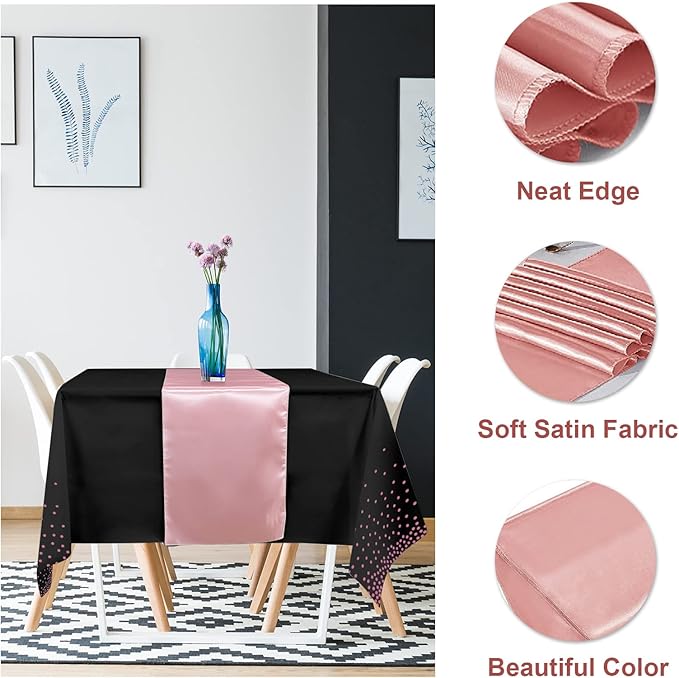 24Pack Disposable Plastic Tablecloth and Satin Table Runner Black and Rose Gold Dot Tablecloth Rose Gold Satin Table Runner for Wedding Birthday Baby Shower Anniversary Christmas New Year Party Supply