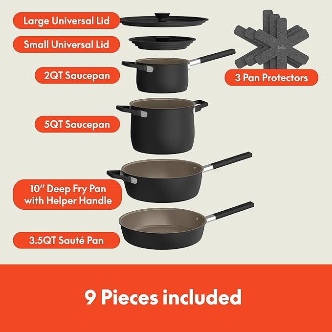 bella 9 Piece Ceramic Nonstick Cookware Set, Fits-anywhere??Kitchenware w EverGood??Coating, Dishwasher & Oven Safe, All Stovetops Compatible, Stackable Design, Cool Touch Handles, Black