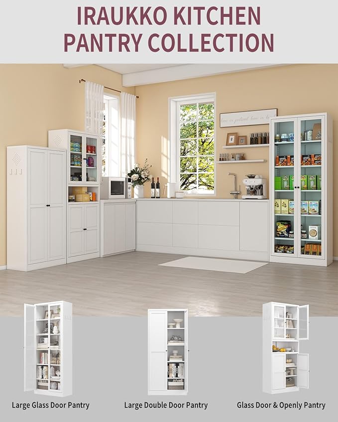 Kitchen Pantry Cabinet with Glass Doors, 72" Metal Storage Cabinet with 4 Adjustable Shelves, Kitchen Pantry with Hooks for Home, Living Room, Assemble Required (White)