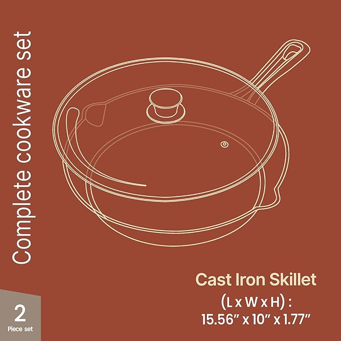 Bakken Pre Seasoned Cast Iron Skillet with Glass Lid & Silicone Handle,10" Frying Pan for Stove, Oven, Grill & Induction, Even Heat Distribution, Versatile All-Purpose Cookware for Searing & Frying