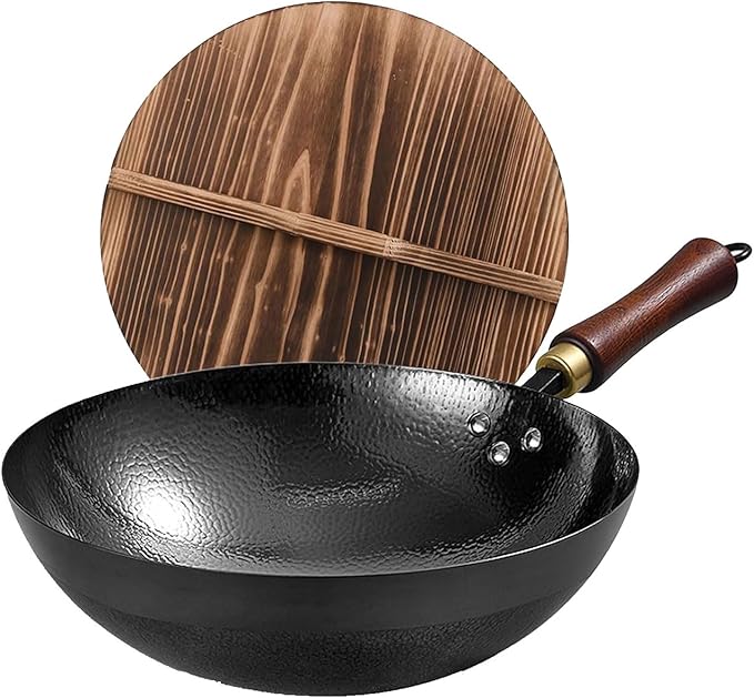 Carbon Steel Wok Pan, 13.5?쿥oks & Stir-Fry Pans with Wooden Lid Cookwares, Nonstick Wok, No Chemical Coated Round Bottom Hand Hammered Chinese Wok For Gas