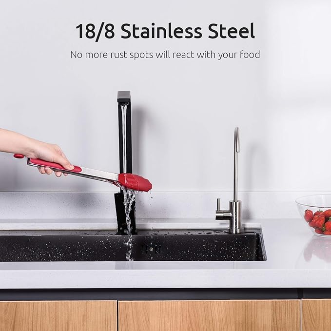 U-Taste Kitchen Tongs, 7/9/12 inches Cooking Tongs, with 600쨘F High Heat-Resistant Non-Stick Silicone Tips, 18/8 Stainless Steel Handle, for Food Grill, Salad, BBQ, Frying, Serving, Pack of 3(Red)