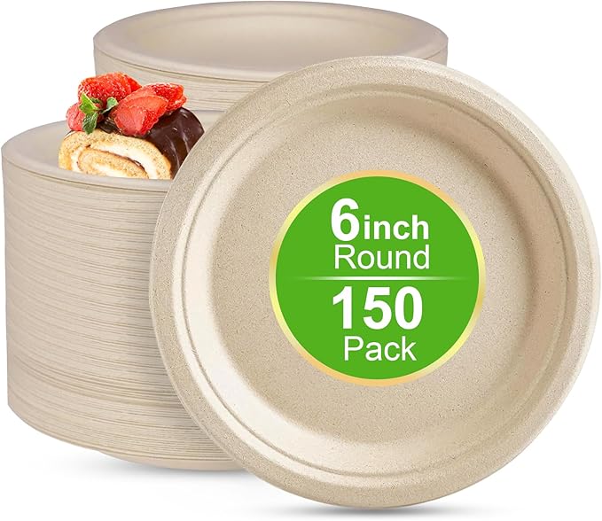 6 Inch Compostable Paper Plates - 150 Counts, Heavy-Duty Disposable Eco-Friendly Sugarcane Plates