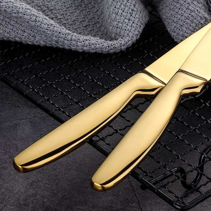 Gold Steak Knives Set of 6, Stainless Steel Serrated Kitchen Knife Set, Heavy Duty Dinner Knives for Cutting Meat, Beef, 8.6 Inch, Dishwasher Safe