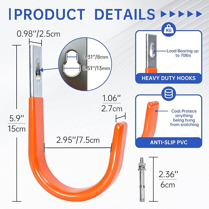 Heavy Duty Wall Hooks, Garage Storage Utility Hooks, Steel Wall Mount Hanger, Tool Organizer Hose Hanger Steel U Hooks for Garage & Garden (6, Orange)